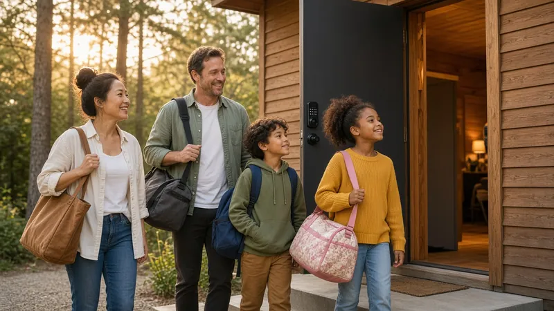 Guests arriving at a cabin and unlocking the door with a smart lock