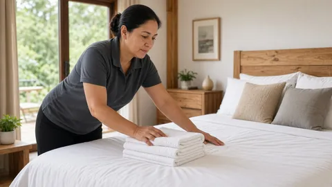 Housekeeper making a bed with fresh white linens